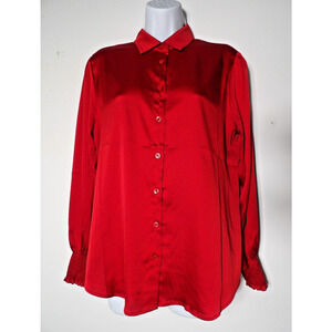 Chicos 0 Sz 4 Satin Blouse Red Solid Smocked Cuff Blouse Wild Poppy Button Up